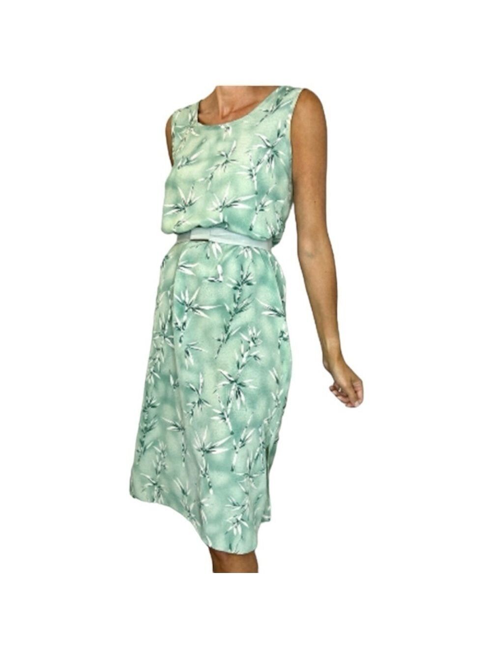 Vintage green bamboo print midi dress M